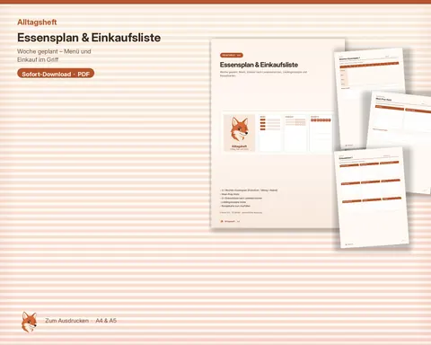 Essensplan & Einkaufsliste von Alltagsheft: Titelseite und Seiten für Wochenmenü und Einkauf