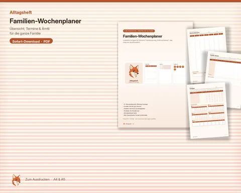 Familien-Wochenplaner von Alltagsheft: Titelseite und Wochenübersichten im Terrakotta-Design