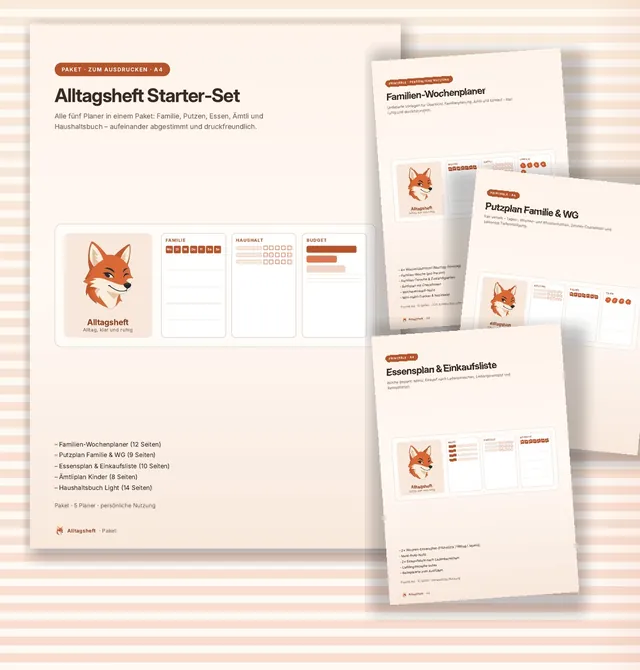 Alltagsheft Starter-Set: Titelseite des Sammel-PDFs und die Titelseiten der einzelnen Planer